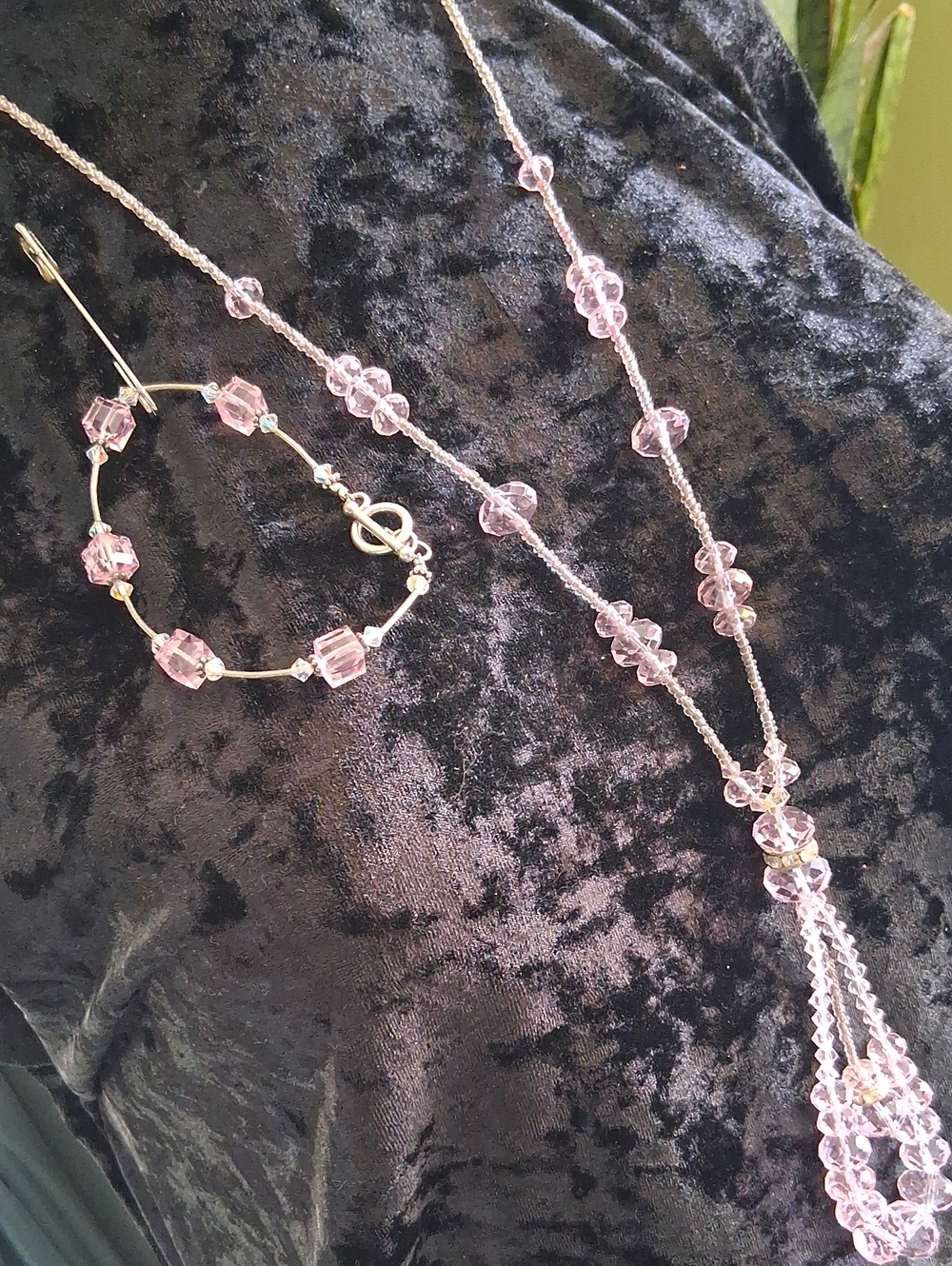 Delicate Pink Crystal Bead Necklace and Sterling Silver 925 Bracelet Set.